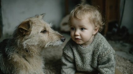 An adorable baby in a knitted sweater looks at a gentle mixed breed dog.