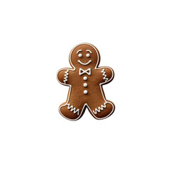 A single gingerbread man cookie decorated with white icing on a black background in a studio shot