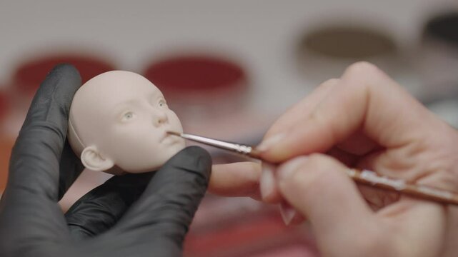 Closeup of artist using fine brush to paint silicone doll head while wearing glove, focusing on delicate features and fine detailing during creative work