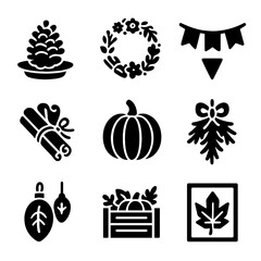Seasonal Eco Decor Icons. Solid, filled icons set of seasonal eco decor: pinecone centerpiece, dried flower