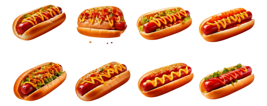 Assortment of Delicious Hot Dogs with Various Toppings and Sauces, Isolated on Transparent, white background - Powered by Adobe
