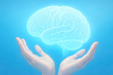 human brain surrounded by a luminescent aura resting on the palms of two hands