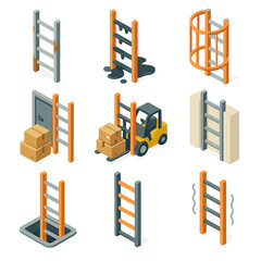 Obraz premium Industrial Ladder Hazards. Isometric Flat icon set of industrial ladder dangers: corroded metal ladder, oil-soaked rungs, missing
