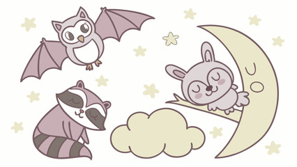 Cute cartoon sleeping animals owl raccoon rabbit on moon stars cloud sweet dreams night kids illustration design.