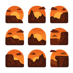 Sunset Icon Set. Solid, filled icons set of sunset over rugged terrain: fading sun, orange sky, jagged peaks,