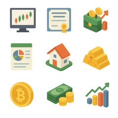 Investment Icon Grid. Isometric Flat icon set of investment allocation: stocks, bonds, mutual funds, ETFs, real estate,