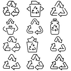 Collection of recycling symbols and containers with arrows in a variety of arrangements and styles