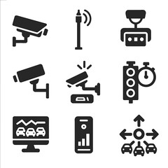 Traffic System Icons. Solid, filled icons set of traffic monitoring systems: CCTV camera, sensor pole, license