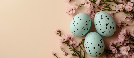Obraz premium Pastel mint green speckled Easter eggs arranged with delicate pink cherry blossom branches on soft peach background, creating seasonal spring composition.