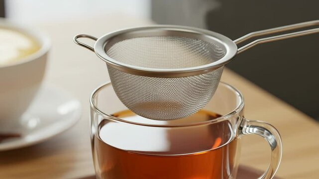 Close-up of tea being poured through a fine mesh strainer into a glass cup  