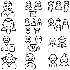 Collection of winter themed outline icons including hats, snowmen, snowflakes, and winter landscapes design