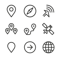 Location Icon Set. Outline icon set of location and map sharing: map marker, compass, GPS signal, share arrow, map pin cluster,