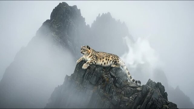 Snow leopard resting on a rocky peak amidst a foggy mountain landscape on a cloudy day scene view