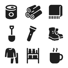 Winter Preparedness Icons. Solid, filled icons set of stocking up for winter: canned food, firewood stack,