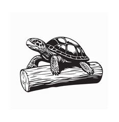 Turtle Walking Slowly on a Wooden Log in Peaceful Nature Vector Illustration