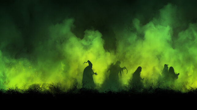 halloween monster, scary monster emerges from the night fog like Frankenstein, gradient background from black to neon green