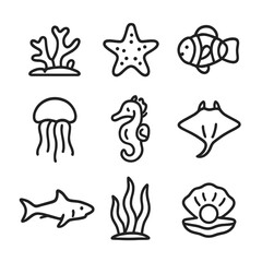 Fototapeta premium Marine Line Icons. Outline icon set of marine life: coral reef, starfish, clownfish, jellyfish, seahorse, manta ray, shark,