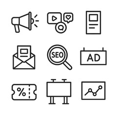Marketing Icon Set. Outline icon set of marketing and promotion: megaphone, social media icons, flyer, email campaign, SEO