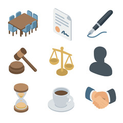 Isometric Mediation Icon Set. Isometric Flat icon set of negotiation and mediation: conference table, contract document, signature
