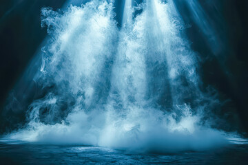Fototapeta premium Dramatic underwater explosion with rising water spray and light beams