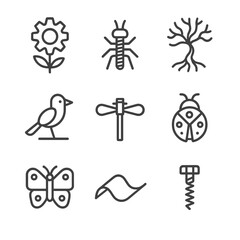 Fototapeta premium Metal Art Icons. Outline icon set of scrap metal art sculptures: gear flower, bolt insect, wire tree, spoon bird, pipe dragonfly,
