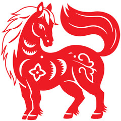 Cultural Red Papercut Horse for Chinese New Year – Zodiac Animal Vector Art with Folk Pattern Symbolizing Power and Fortune