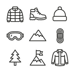 Mountain Gear Icons. Outline icon set of mountain peak style shoots: puffer jacket, hiking boots, beanie cap, goggles, mountain