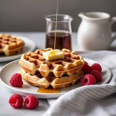 A stack of waffles with butter and syrup being poured on them next to raspberries and syrup pitcher
