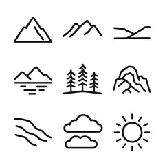 Mountain Landscape Icons. Outline icon set of mountain landscape features: peak silhouette, ridge line, valley floor, alpine lake,