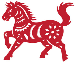 Lunar New Year Horse Zodiac Sign in Red Papercut Style – Oriental Good Fortune Symbol, Printable Artwork and Clipart