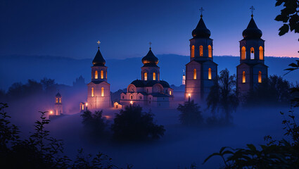 Illuminated russian orthodox church towers silhouetted against a twilight blue night sky landscape