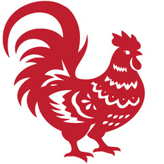 Folk Art Style Red Rooster Papercut – Chinese Zodiac Animal for Lunar New Year Celebrations, Decorative Printable Wall Art Design