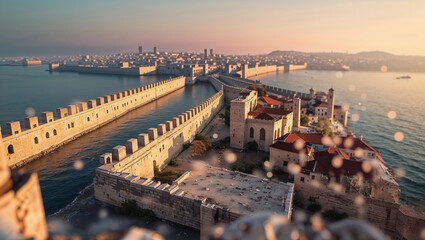 Impressive aerial view of an ancient fortified city on the coast with stone walls and red rooftops in the soft sunset glow