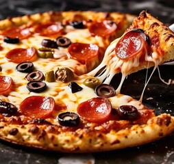 A pepperoni pizza with olives and green peppers with a slice being lifted and cheese stretching out