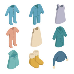 Nightwear Icon Collection. Isometric Flat icon set of pyjamas and nightwear styles: footed onesie, two-piece pajamas, nightgown,