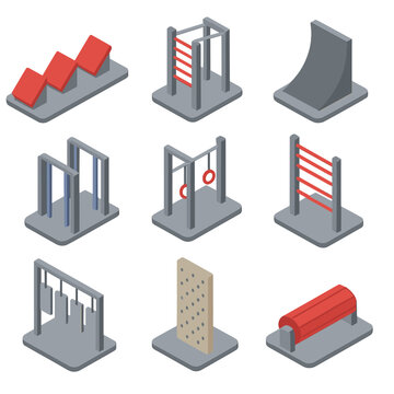 Ninja Warrior Obstacle Icons. Isometric Flat icon set of ninja warrior obstacles: quintuple steps, salmon ladder, warped wall,