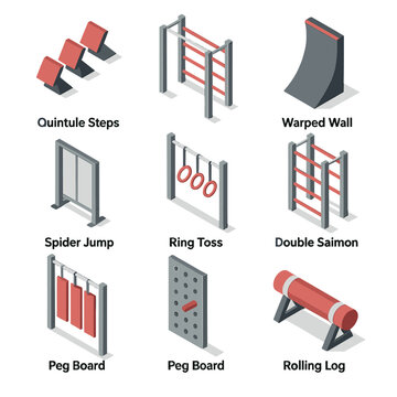 Ninja Warrior Obstacle Icons. Isometric Flat icon set of ninja warrior obstacles: quintuple steps, salmon ladder, warped wall,