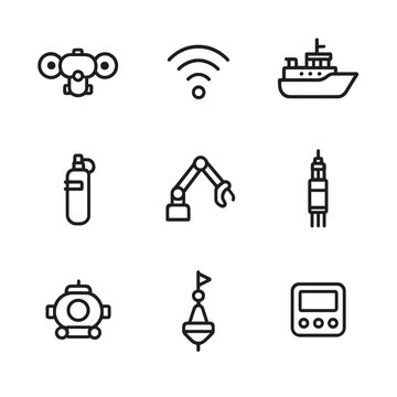 Ocean Research Icons. Outline icon set of ocean research tools: underwater drone, sonar ping, research vessel, sampling bottle,