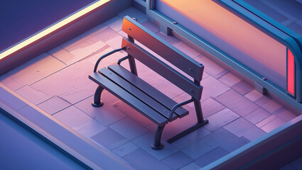 Isometric illustration of a modern wooden bench inside a transit station bathed in warm and cool ambient lighting.