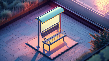 Isometric illustration of an empty bus stop with bench and shelter at sunset with cinematic lighting