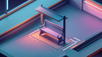 Isometric view of a stylized bench under a canopy illuminated by neon lights in a futuristic abstract scene.