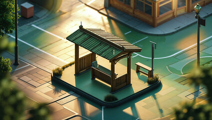 Isometric view of a wooden bus stop shelter bathed in warm sunlight with a detailed surrounding street scene