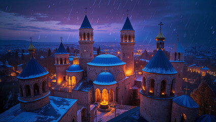 Magnificent dusk view of a historical cathedral with blue domes and spires under a light rain and vibrant city lights