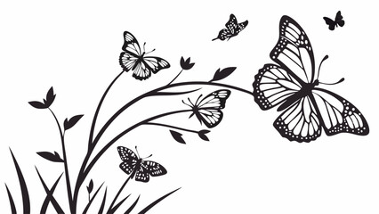 Black white silhouette illustration flying butterflies nature plants design element vector graphic art