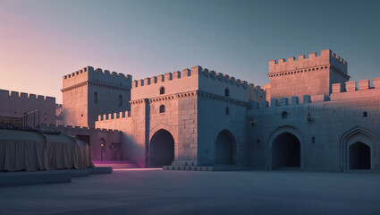 Majestic stone fortress illuminated by soft sunset hues casting shadows and architectural details across the courtyard