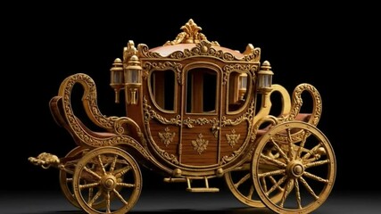 A detailed view of an ornate golden carriage against a stark black background showcasing its craftsmanship - Powered by Adobe