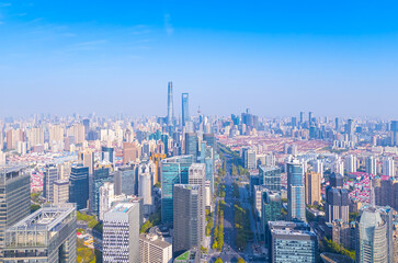 Fototapeta premium Aerial View of Shanghai skyscrapers with urban traffic.