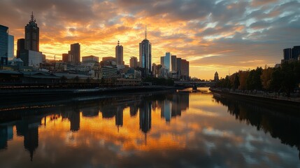 Naklejka premium City skyline reflected in water at sunset with colorful sky and trees.