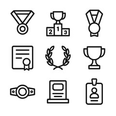 Race Awards Icons. Outline icon set of race awards: finisher medal, podium trophy, ribbon, certificate, winner&rsquo;s laurel, trophy