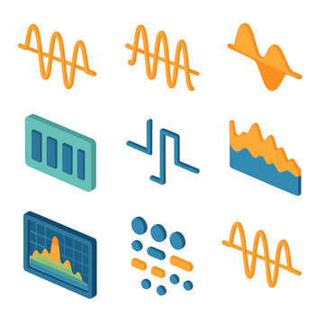 Radio Signal Icons. Isometric Flat icon set of radio signal types: AM waveform, FM waveform, SSB waveform, digital mode icon,